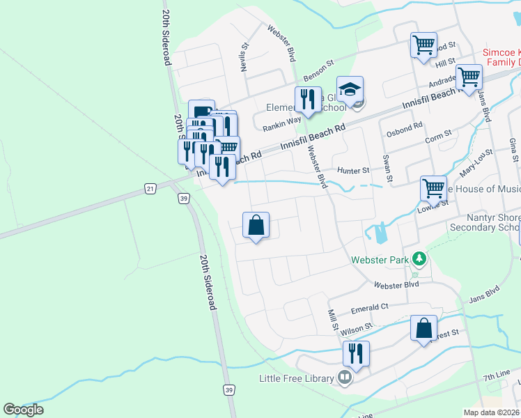 map of restaurants, bars, coffee shops, grocery stores, and more near 1407 Butler Street in Innisfil