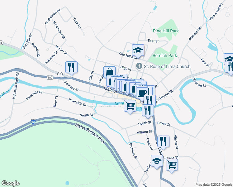 map of restaurants, bars, coffee shops, grocery stores, and more near 125 Main Street in Littleton