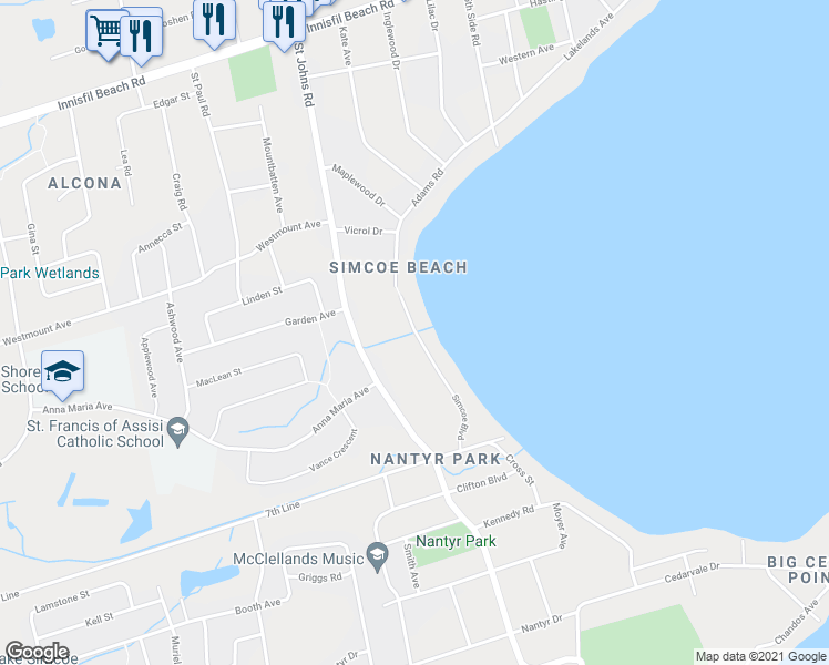 map of restaurants, bars, coffee shops, grocery stores, and more near 1886 Simcoe Boulevard in Innisfil