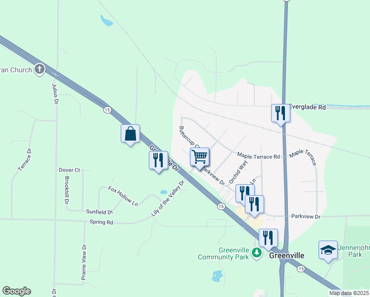 map of restaurants, bars, coffee shops, grocery stores, and more near W7062 Parkview Court in Greenville