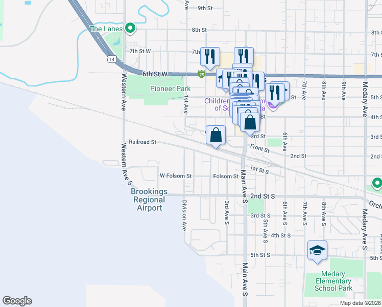 map of restaurants, bars, coffee shops, grocery stores, and more near 101-199 1st Street South in Brookings