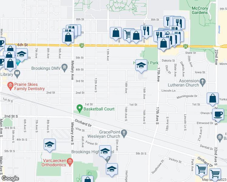 map of restaurants, bars, coffee shops, grocery stores, and more near 1313 2nd Street in Brookings