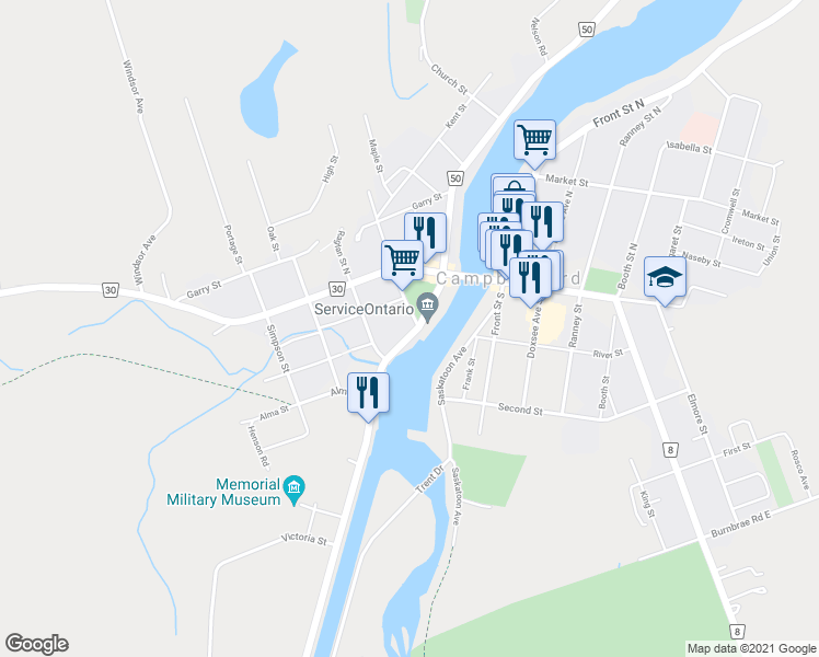map of restaurants, bars, coffee shops, grocery stores, and more near 60 Grand Road in Campbellford