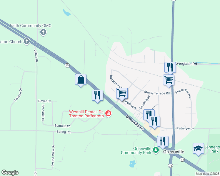 map of restaurants, bars, coffee shops, grocery stores, and more near W7062 Parkview Ct in Greenville