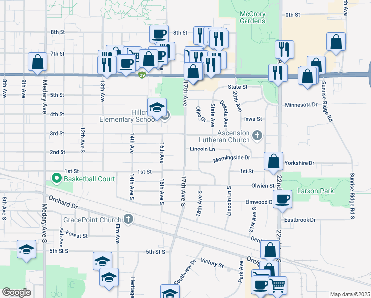 map of restaurants, bars, coffee shops, grocery stores, and more near 1701 Lincoln Lane in Brookings