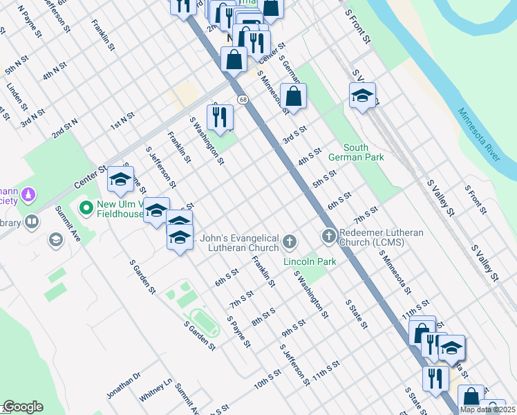 map of restaurants, bars, coffee shops, grocery stores, and more near 412 South State Street in New Ulm