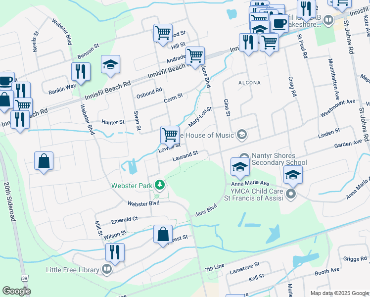 map of restaurants, bars, coffee shops, grocery stores, and more near 1260 Mary-Lou Street in Innisfil