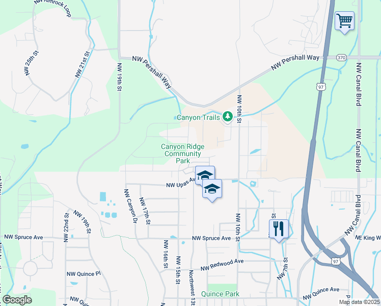 map of restaurants, bars, coffee shops, grocery stores, and more near 3340 Northwest 15th Street in Redmond