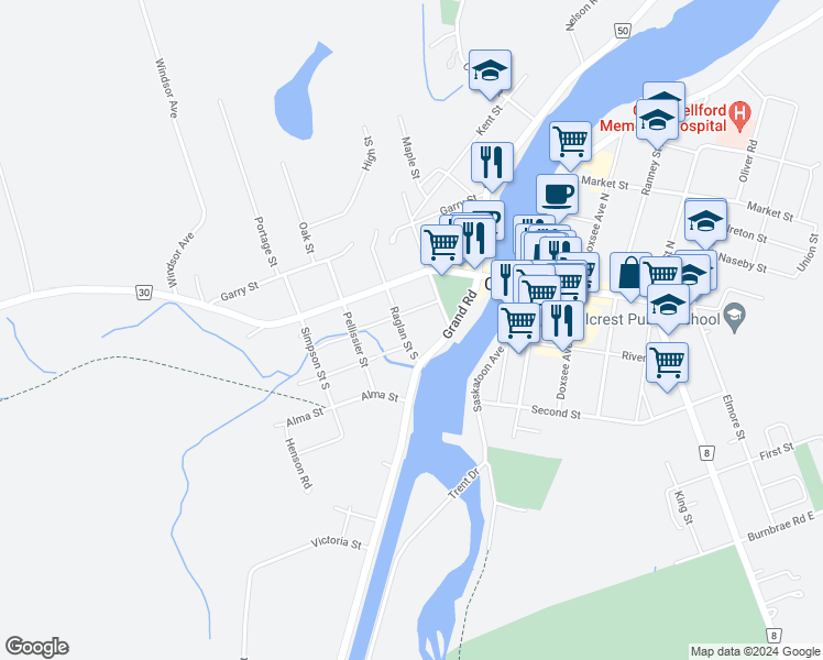 map of restaurants, bars, coffee shops, grocery stores, and more near 39 Raglan Street South in Campbellford