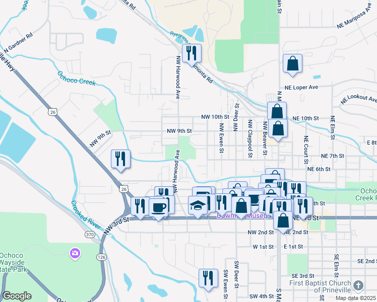 map of restaurants, bars, coffee shops, grocery stores, and more near 800 Northwest Harwood Avenue in Prineville