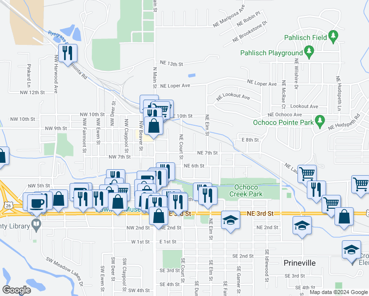 map of restaurants, bars, coffee shops, grocery stores, and more near 305 Northeast 7th Street in Prineville