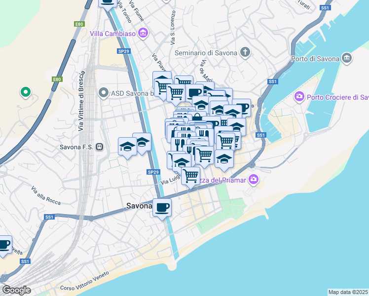 map of restaurants, bars, coffee shops, grocery stores, and more near 16 Via Bartolomeo Guidobono in Savona
