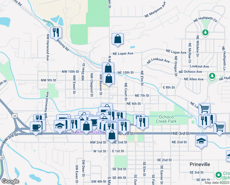 map of restaurants, bars, coffee shops, grocery stores, and more near 703 Northeast Belknap Street in Prineville