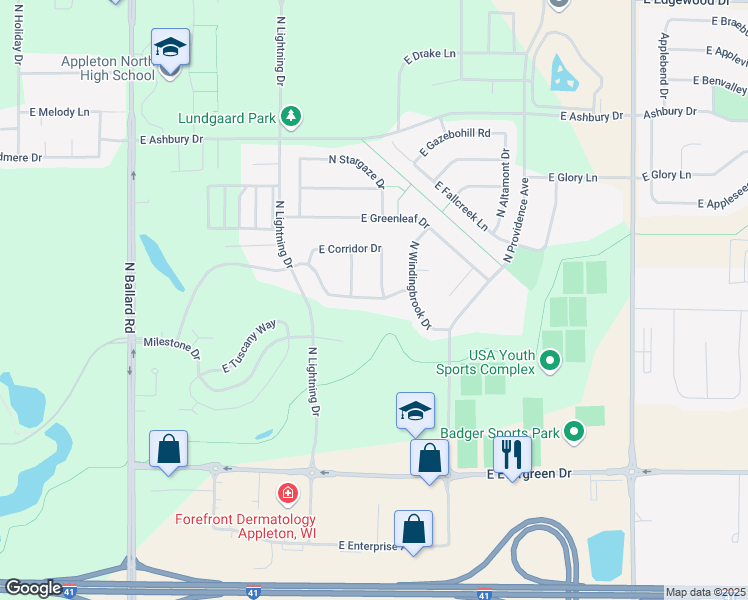 map of restaurants, bars, coffee shops, grocery stores, and more near 2809 East Glenhurst Lane in Appleton