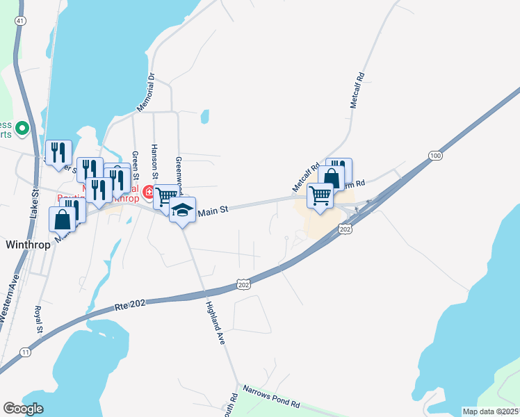 map of restaurants, bars, coffee shops, grocery stores, and more near 317 Main Street in Winthrop