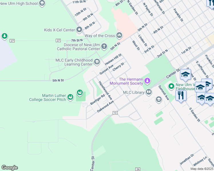 map of restaurants, bars, coffee shops, grocery stores, and more near 1525 Elmwood Street in New Ulm