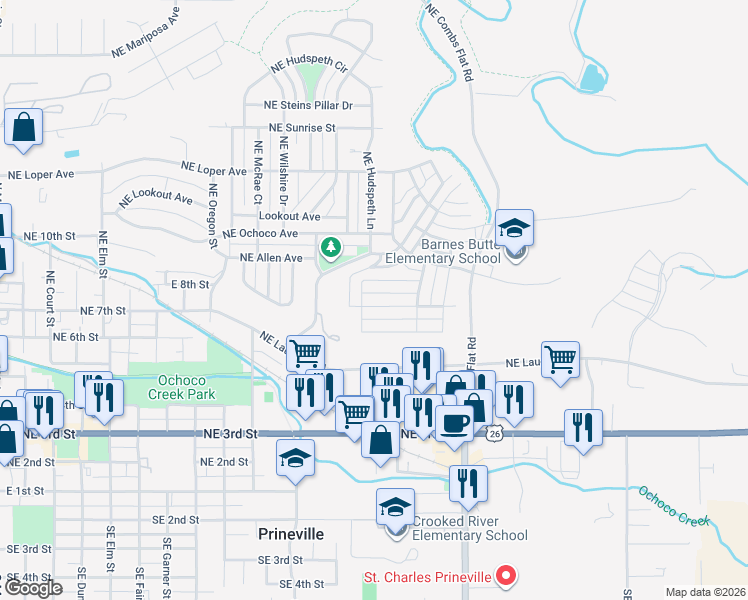 map of restaurants, bars, coffee shops, grocery stores, and more near 1251 Northeast Boxcar Drive in Prineville