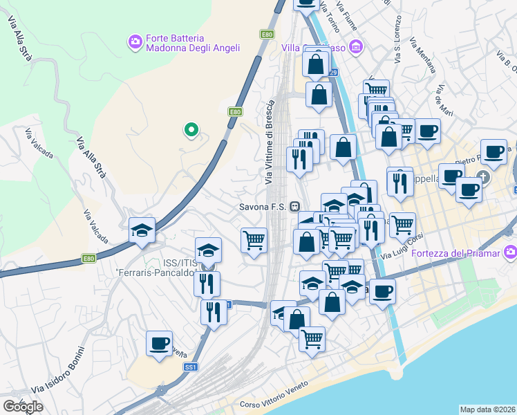 map of restaurants, bars, coffee shops, grocery stores, and more near 20 Via Vittime di Brescia in Savona