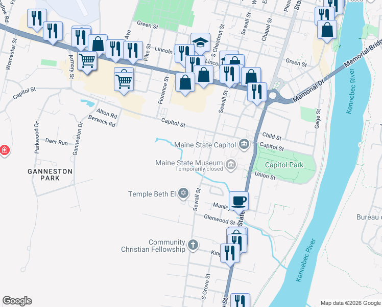 map of restaurants, bars, coffee shops, grocery stores, and more near 26 Federal Street in Augusta