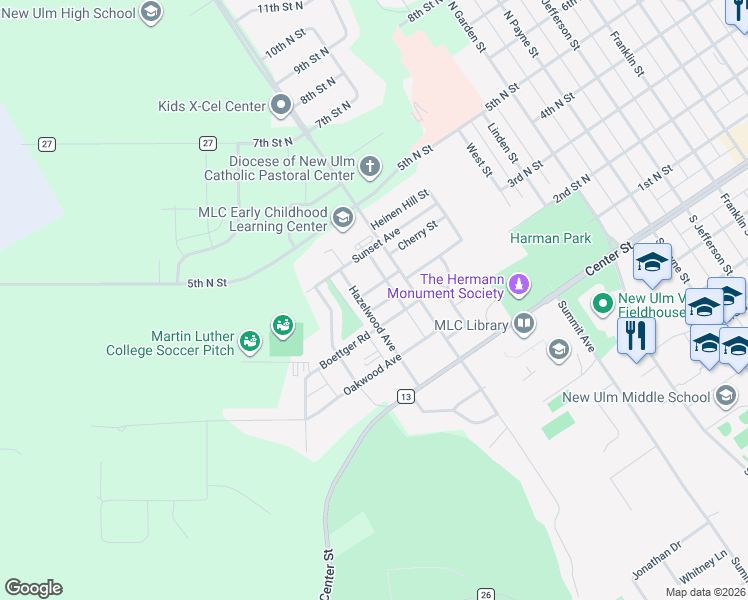 map of restaurants, bars, coffee shops, grocery stores, and more near 1525 Elmwood Street in New Ulm