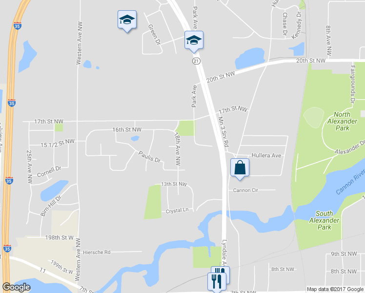 map of restaurants, bars, coffee shops, grocery stores, and more near 1545 18th Avenue Northwest in Faribault