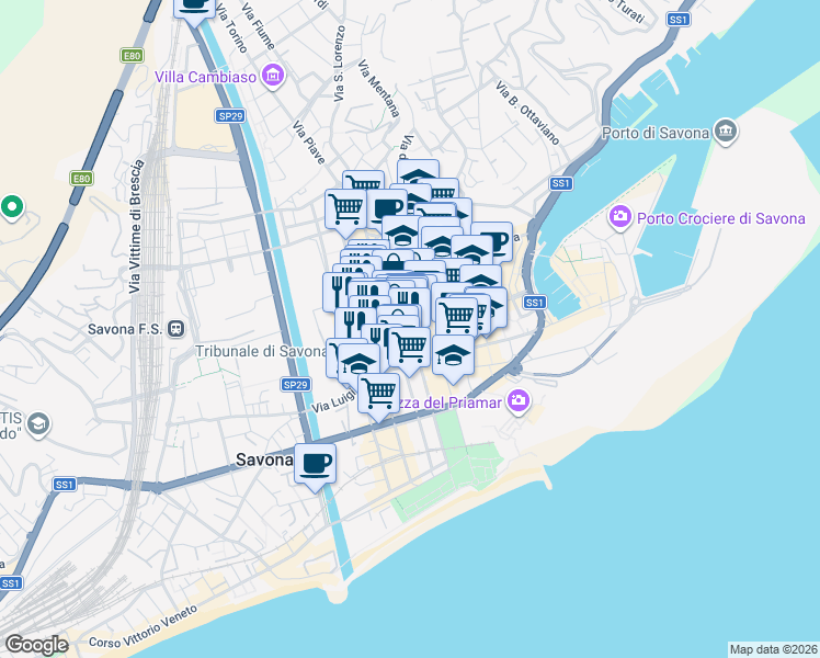 map of restaurants, bars, coffee shops, grocery stores, and more near 22 Via Astengo in Savona