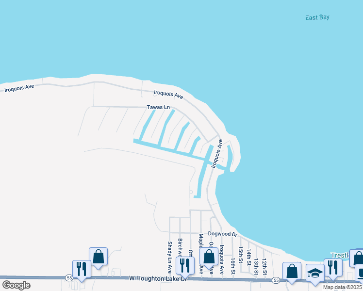 map of restaurants, bars, coffee shops, grocery stores, and more near 113 Pocahontas Trail in Roscommon County