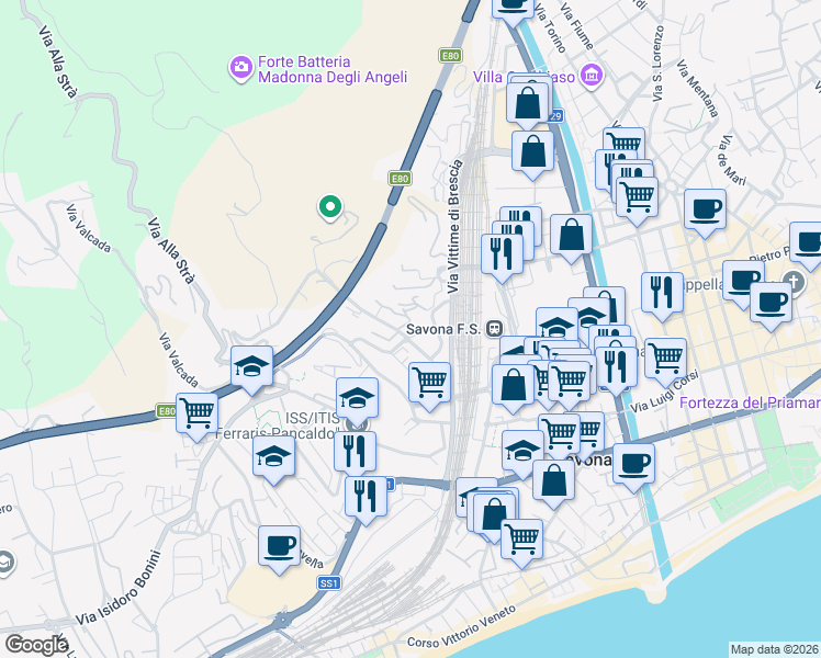 map of restaurants, bars, coffee shops, grocery stores, and more near 14 Via Fontanassa in Savona