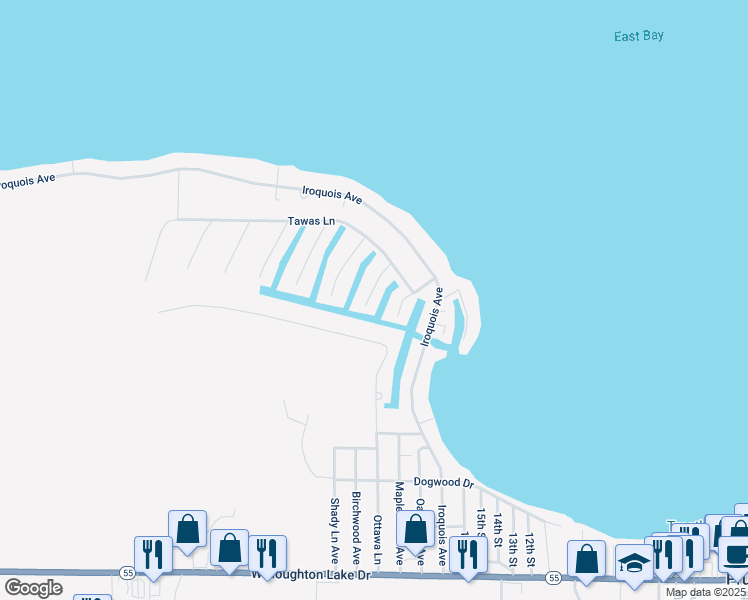 map of restaurants, bars, coffee shops, grocery stores, and more near 113 Pocahontas Trail in Prudenville