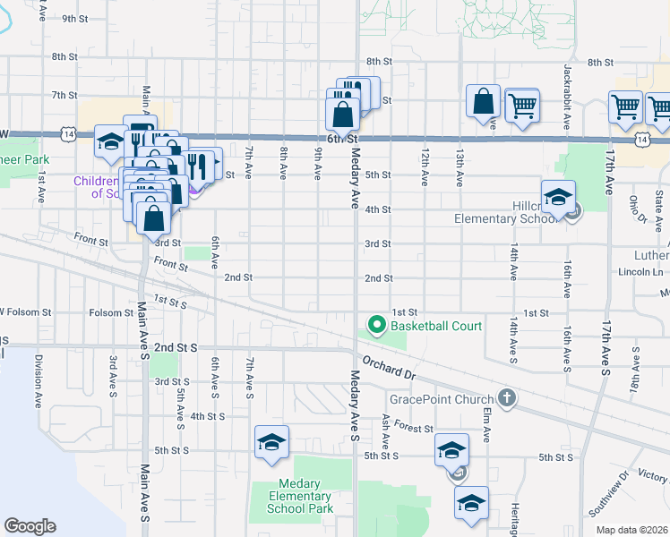 map of restaurants, bars, coffee shops, grocery stores, and more near 923 2nd Street in Brookings