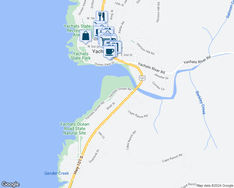 map of restaurants, bars, coffee shops, grocery stores, and more near 10 Beargrass Loop in Yachats
