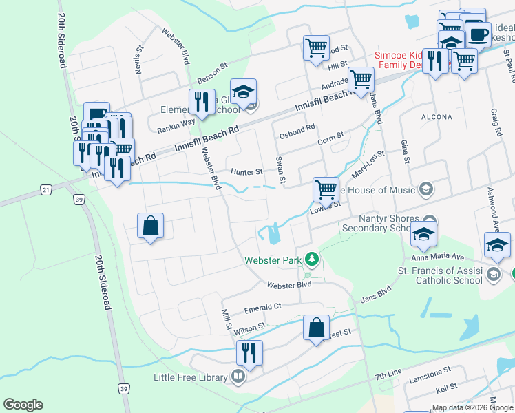 map of restaurants, bars, coffee shops, grocery stores, and more near 1307 Butler Street in Innisfil
