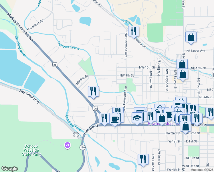 map of restaurants, bars, coffee shops, grocery stores, and more near 937 Northwest Cains Road in Prineville