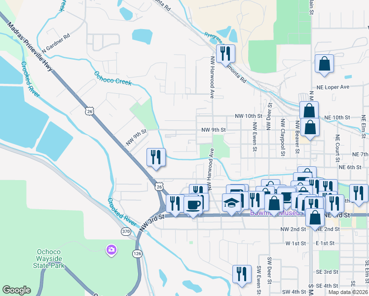 map of restaurants, bars, coffee shops, grocery stores, and more near 937 Northwest Cains Road in Prineville