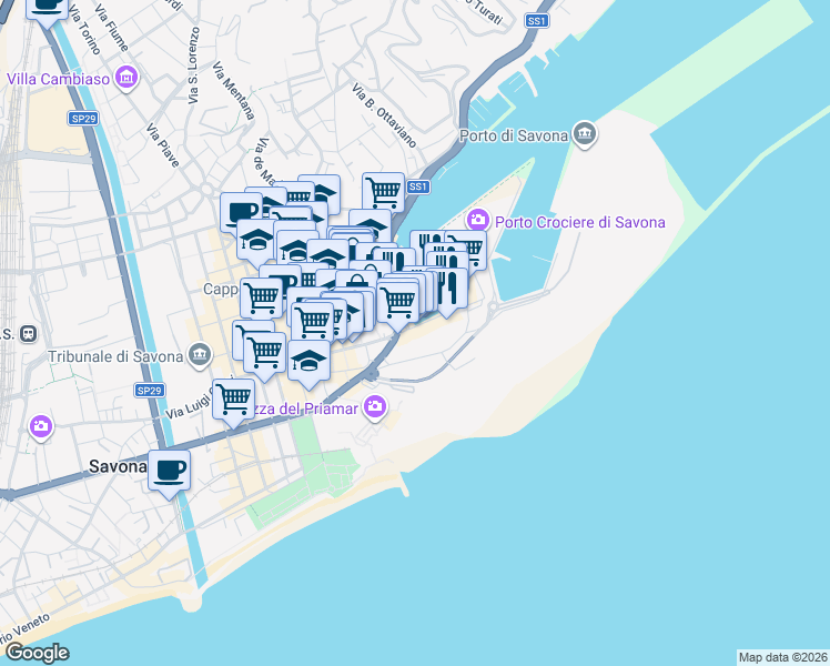 map of restaurants, bars, coffee shops, grocery stores, and more near 18 Via Calata Pietro Sbarbaro in Savona