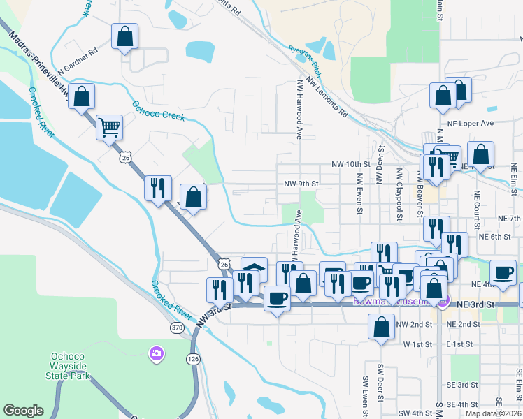 map of restaurants, bars, coffee shops, grocery stores, and more near 937 Northwest Cains Road in Prineville