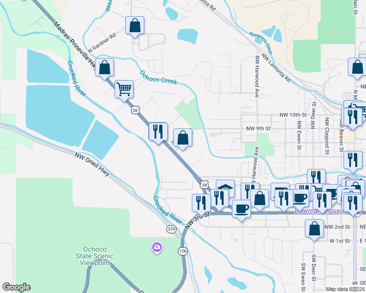 map of restaurants, bars, coffee shops, grocery stores, and more near 896 Northwest Madras Highway in Prineville
