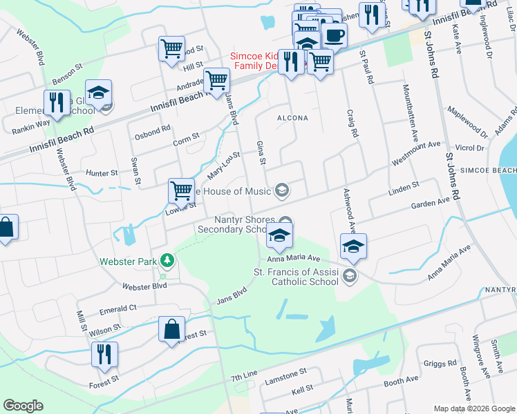 map of restaurants, bars, coffee shops, grocery stores, and more near 1949 Jans Boulevard in Innisfil
