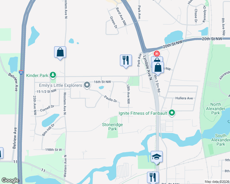 map of restaurants, bars, coffee shops, grocery stores, and more near 1807 Eagle Court in Faribault