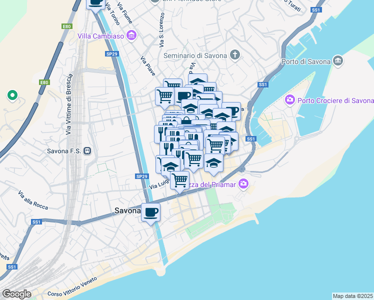 map of restaurants, bars, coffee shops, grocery stores, and more near 5 Via Montenotte in Savona