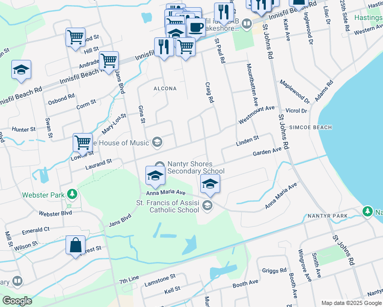 map of restaurants, bars, coffee shops, grocery stores, and more near 1938 Applewood Avenue in Innisfil