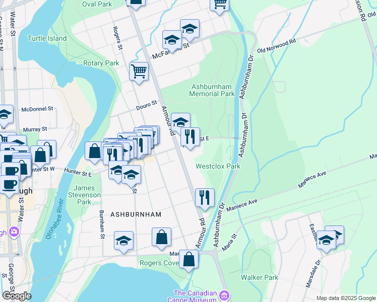 map of restaurants, bars, coffee shops, grocery stores, and more near 380 Armour Road in Peterborough