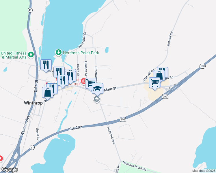 map of restaurants, bars, coffee shops, grocery stores, and more near 250 Main Street in Winthrop