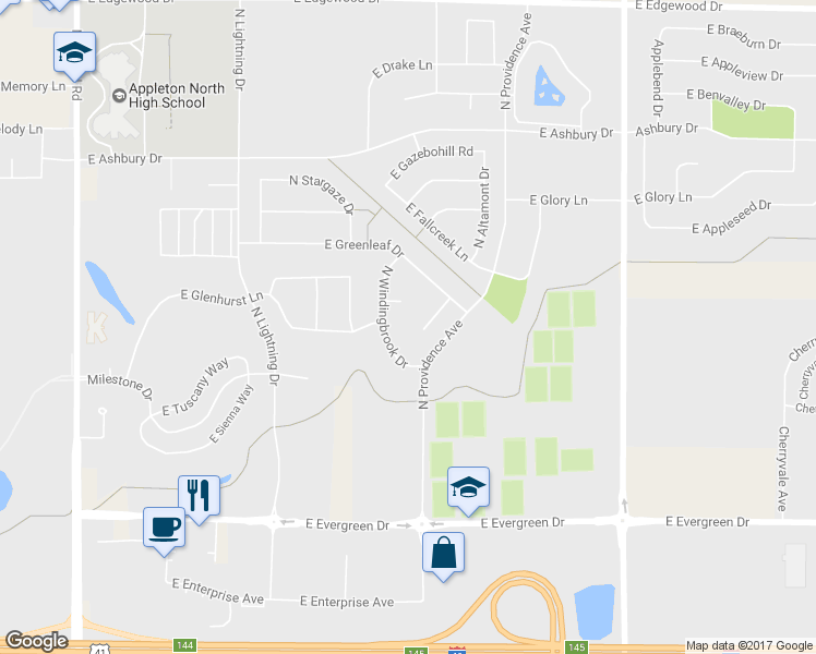 map of restaurants, bars, coffee shops, grocery stores, and more near 4409 N Stonebridge Ct in Appleton