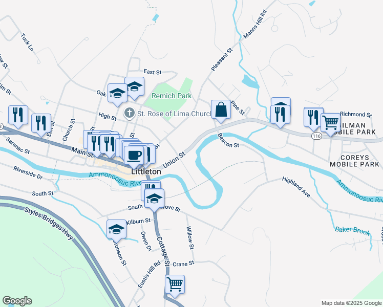 map of restaurants, bars, coffee shops, grocery stores, and more near 100 Union Street in Littleton