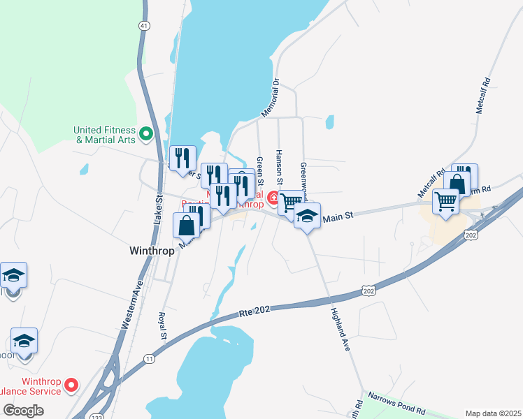 map of restaurants, bars, coffee shops, grocery stores, and more near 43 Green Street in Winthrop