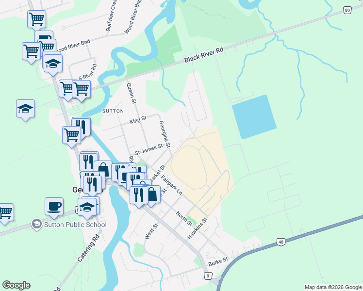 map of restaurants, bars, coffee shops, grocery stores, and more near 84 Market Street in Georgina