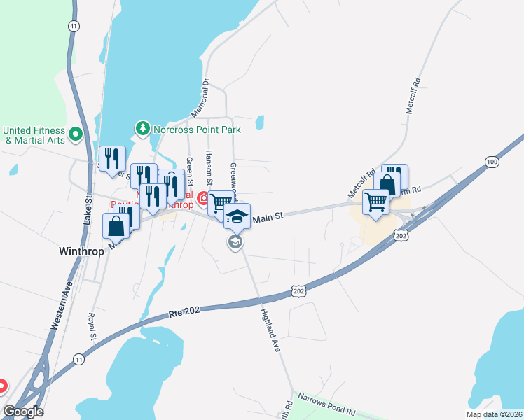 map of restaurants, bars, coffee shops, grocery stores, and more near 250 Main Street in Winthrop