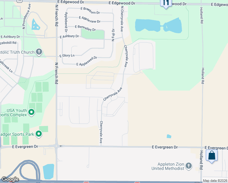 map of restaurants, bars, coffee shops, grocery stores, and more near 3300 Cherryvale Circle in Appleton