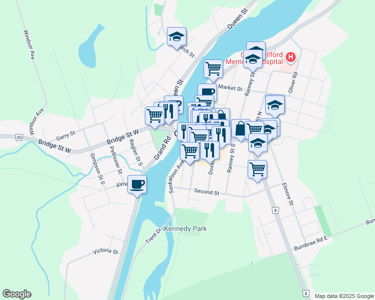 map of restaurants, bars, coffee shops, grocery stores, and more near 36 Saskatoon Avenue in Campbellford